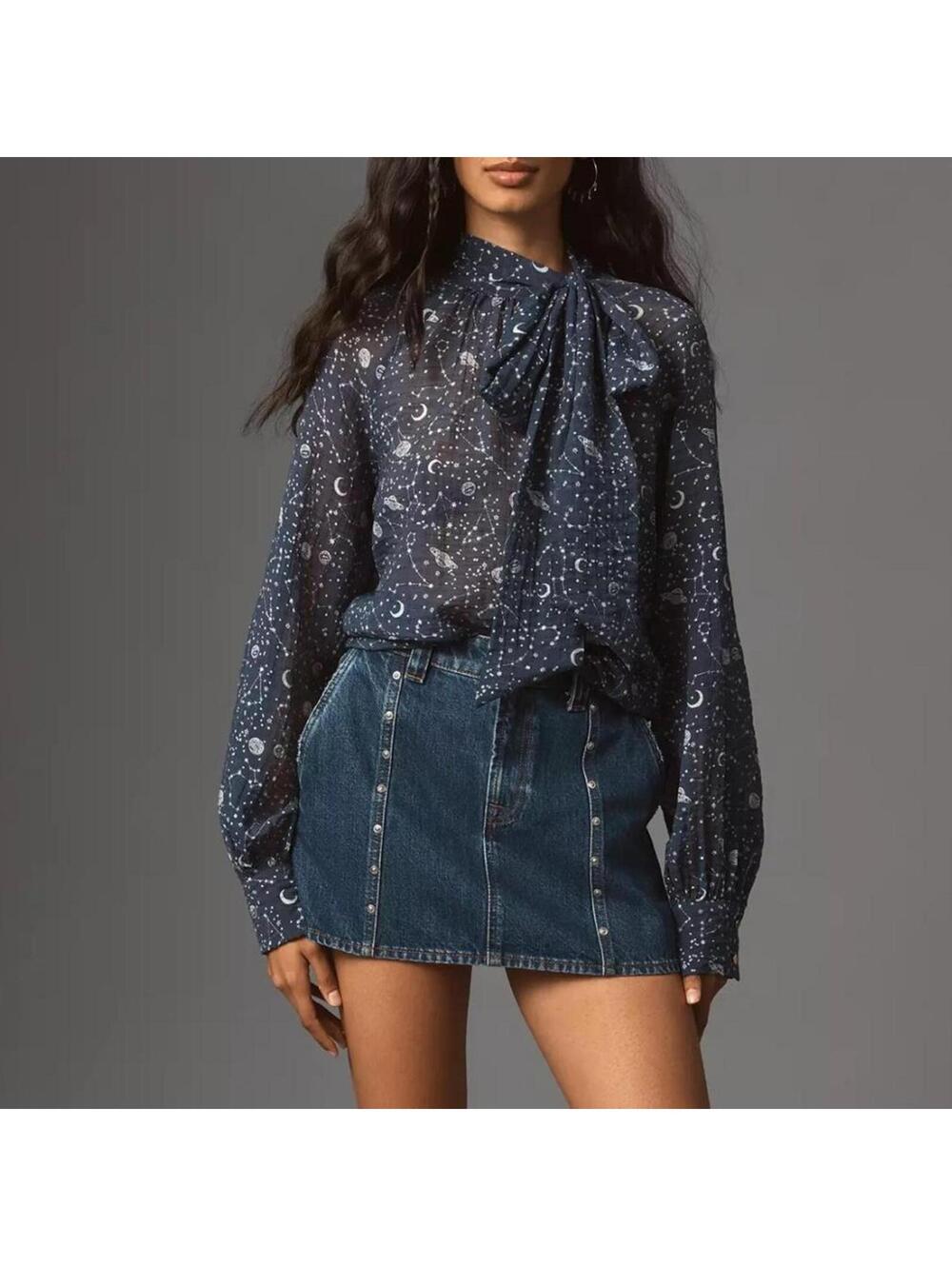 NWT Anthropologie Organza Navy Celestial Tie-Neck Blouse size Small